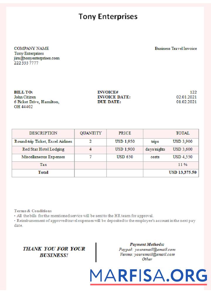 Downloadable USA Tony Enterprises invoice example